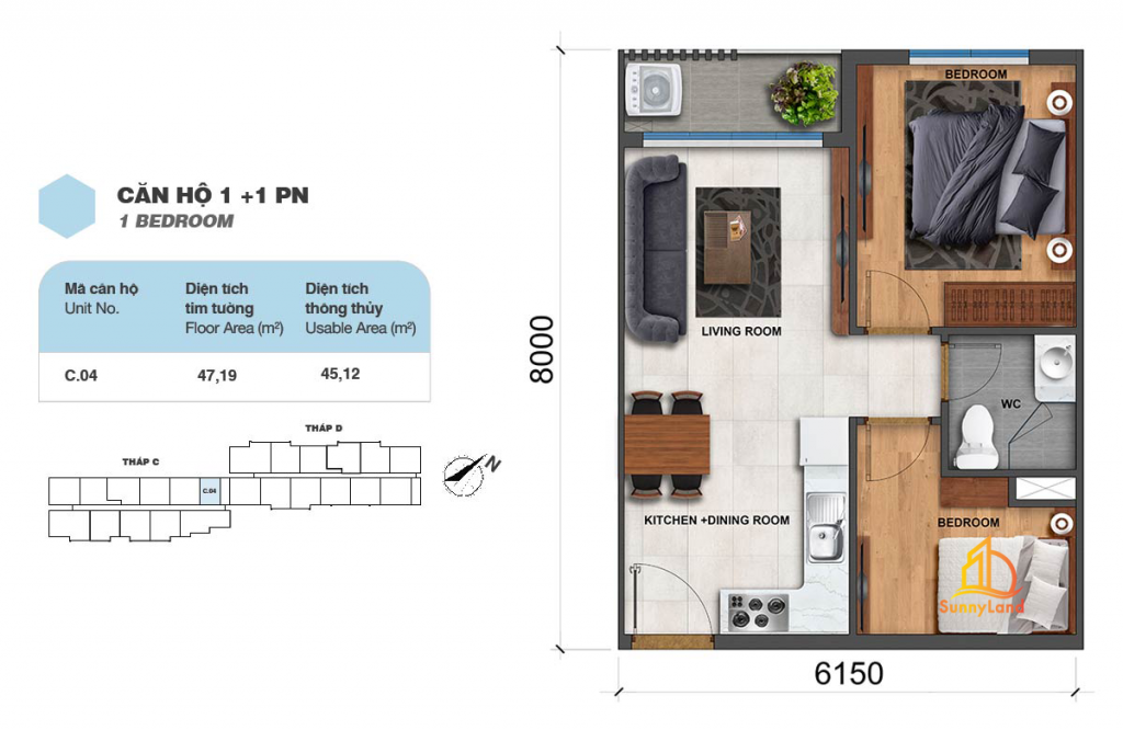 Layout căn hộ 1 + 1 PN Jamila Khang Điền