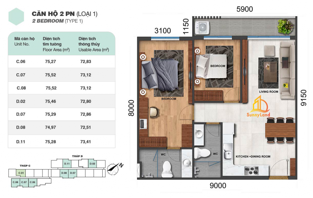 Layout căn hộ 2 PN loại 1 Jamila Khang Điền