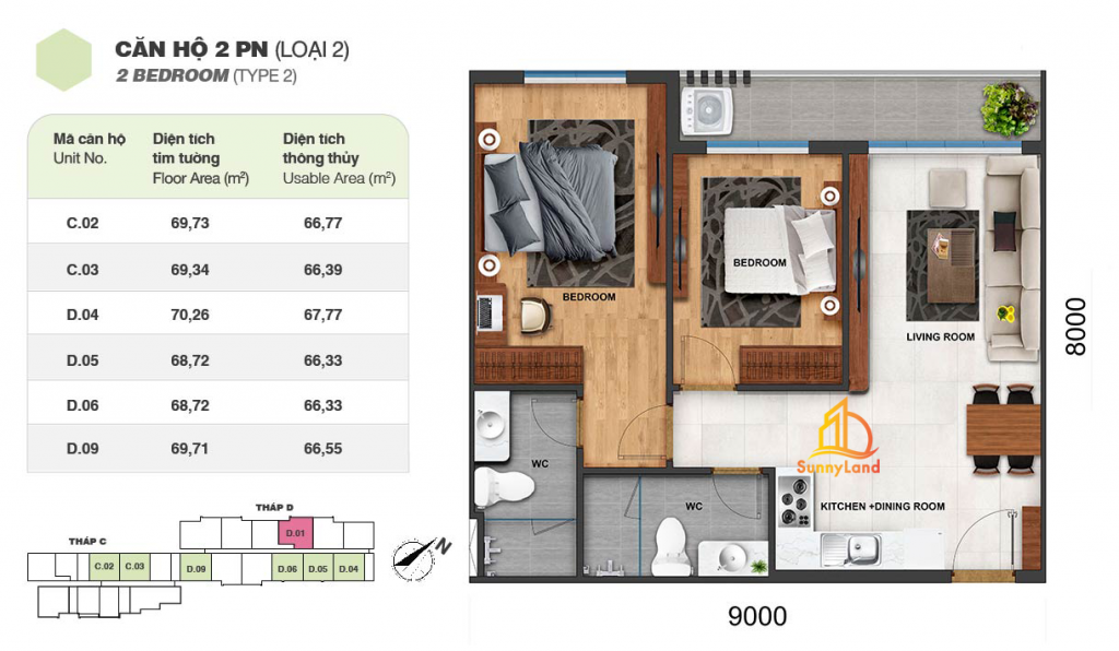 Layout căn hộ 2 PN loại 2 Jamila Khang Điền