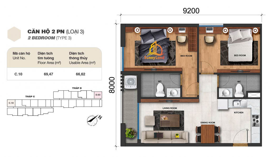 Layout căn hộ 2 PN loại 3 Jamila Khang Điền