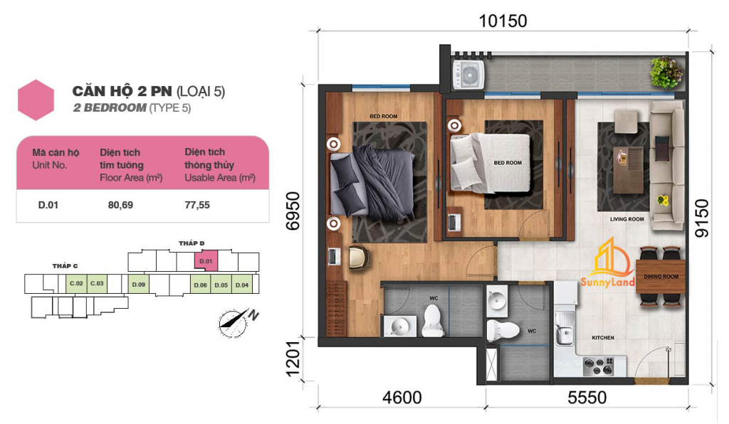 Layout căn hộ 2 PN loại 5 Jamila Khang Điền