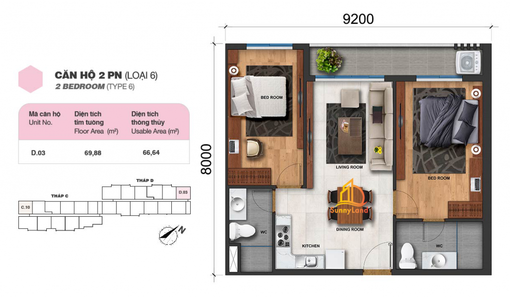 Layout căn hộ 2 PN loại 6 Jamila Khang Điền