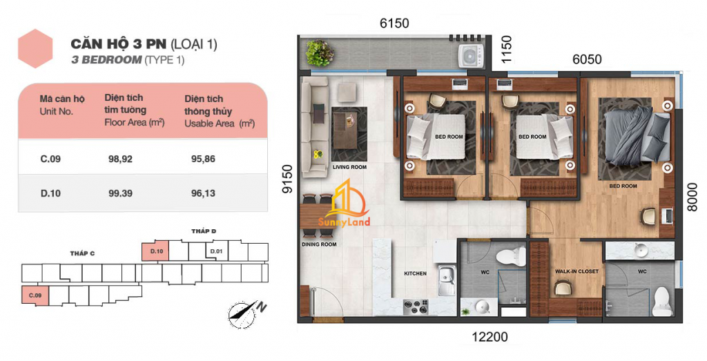 Layout căn hộ 3 PN loại 1 Jamila Khang Điền