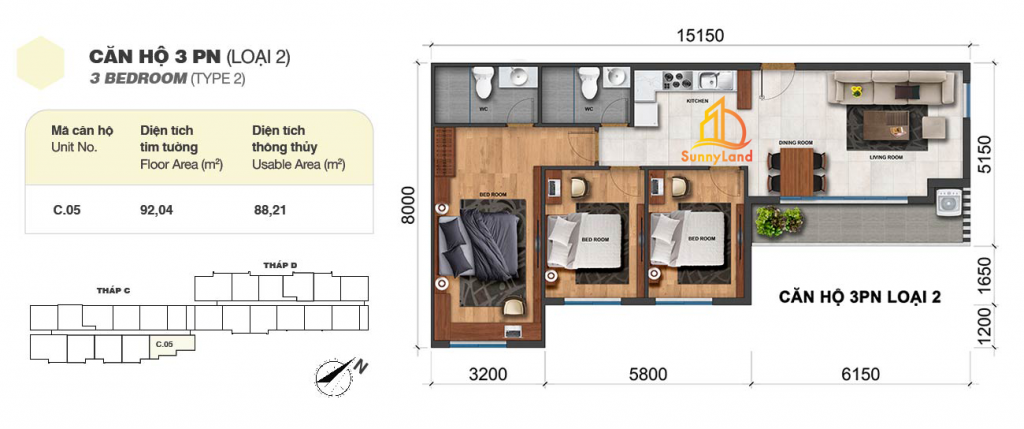 Layout căn hộ 3 PN loại 2 Jamila Khang Điền