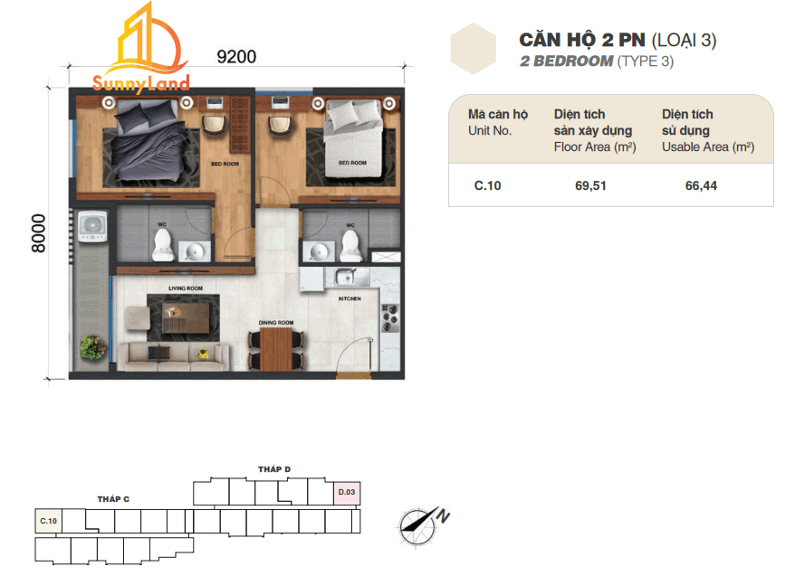 Mặt bằng căn hộ Jamila - dự án Khang Điền 2 PN