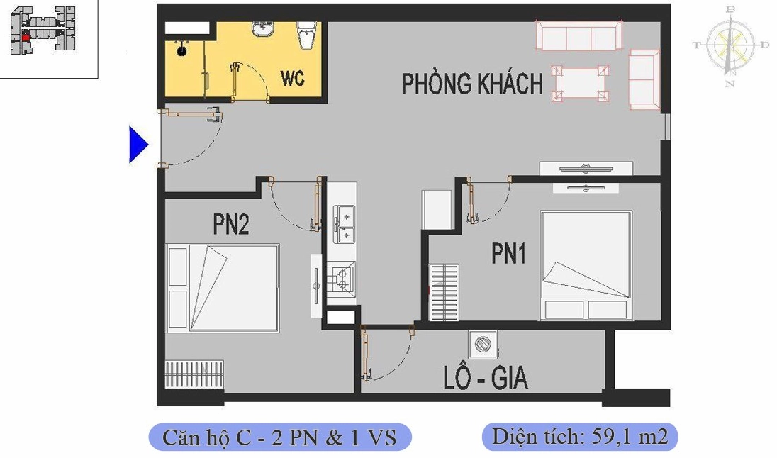 Căn 59,1m2 thiết kế 2 phòng ngủ 1 vệ sinh