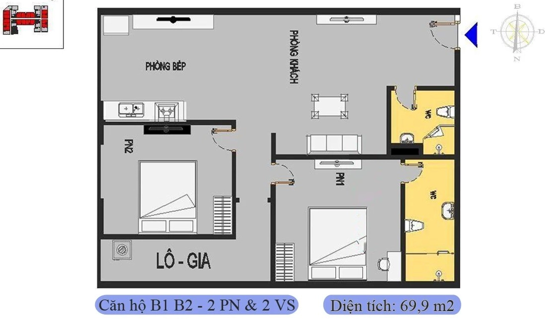 Căn 69,9m2 được thiết kế 2 phòng ngủ & 2 vệ sinh