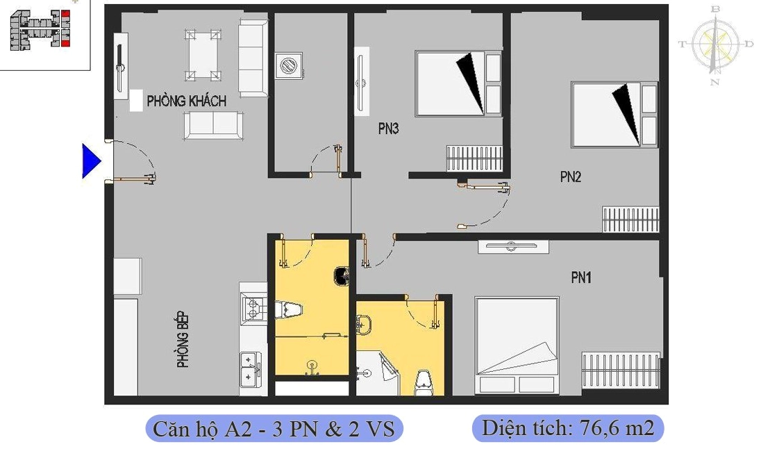 Căn 76,6m2 được thiết kế 3 phòng ngủ & 2 vệ sinh