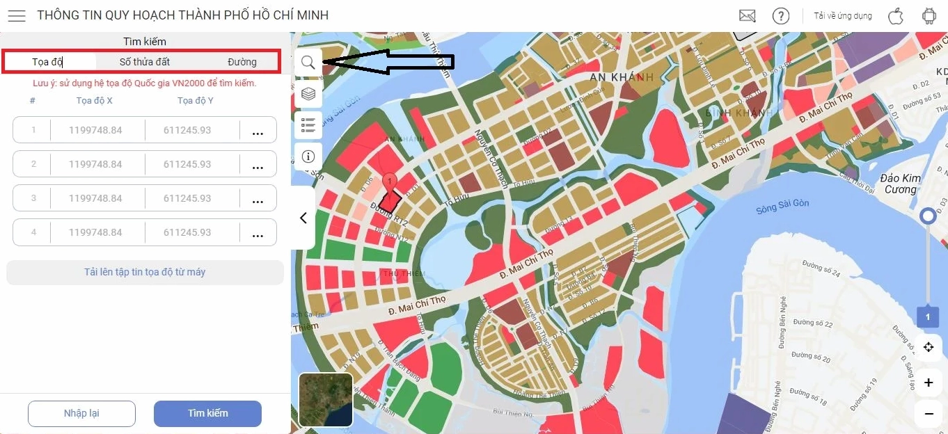 Giao diện tìm kiếm thông tin quy hoạch đất đai