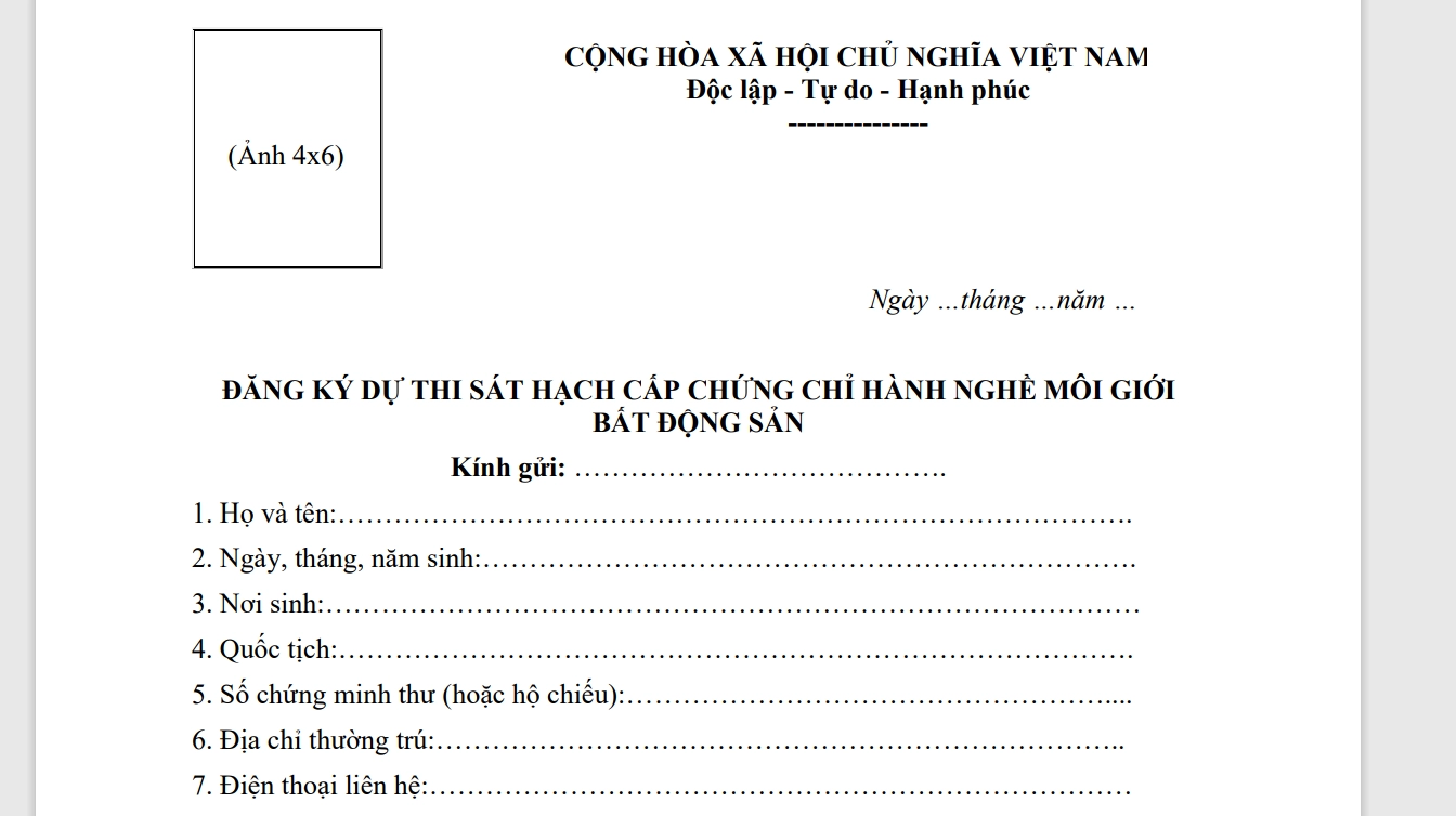 Mẫu đơn đăng ký thi chứng chỉ hành nghề môi giới BĐS