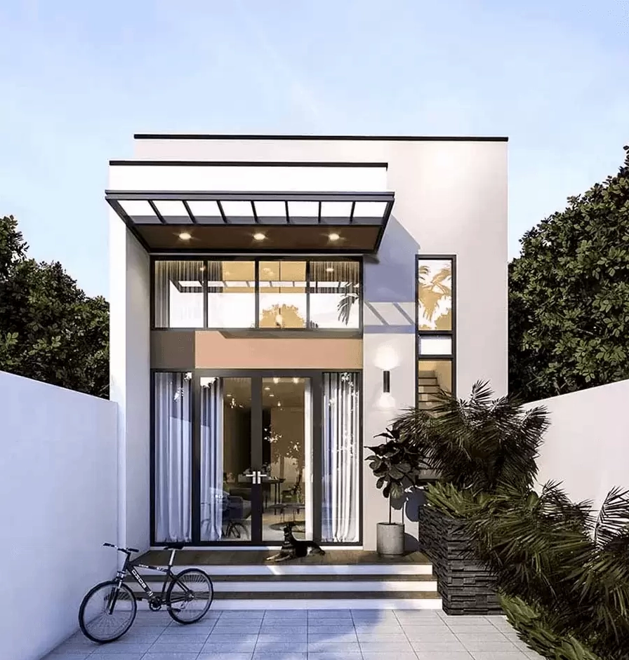 Mẫu nhà cấp 4 đẹp giá rẻ 100 triệu có trần thạch cao phẳng và cửa kính lớn giúp tận dụng ánh sáng tự nhiên