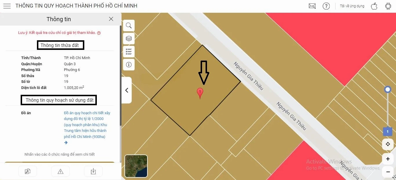 Ví dụ chi tiết thông tin quy hoạch của một thửa đất